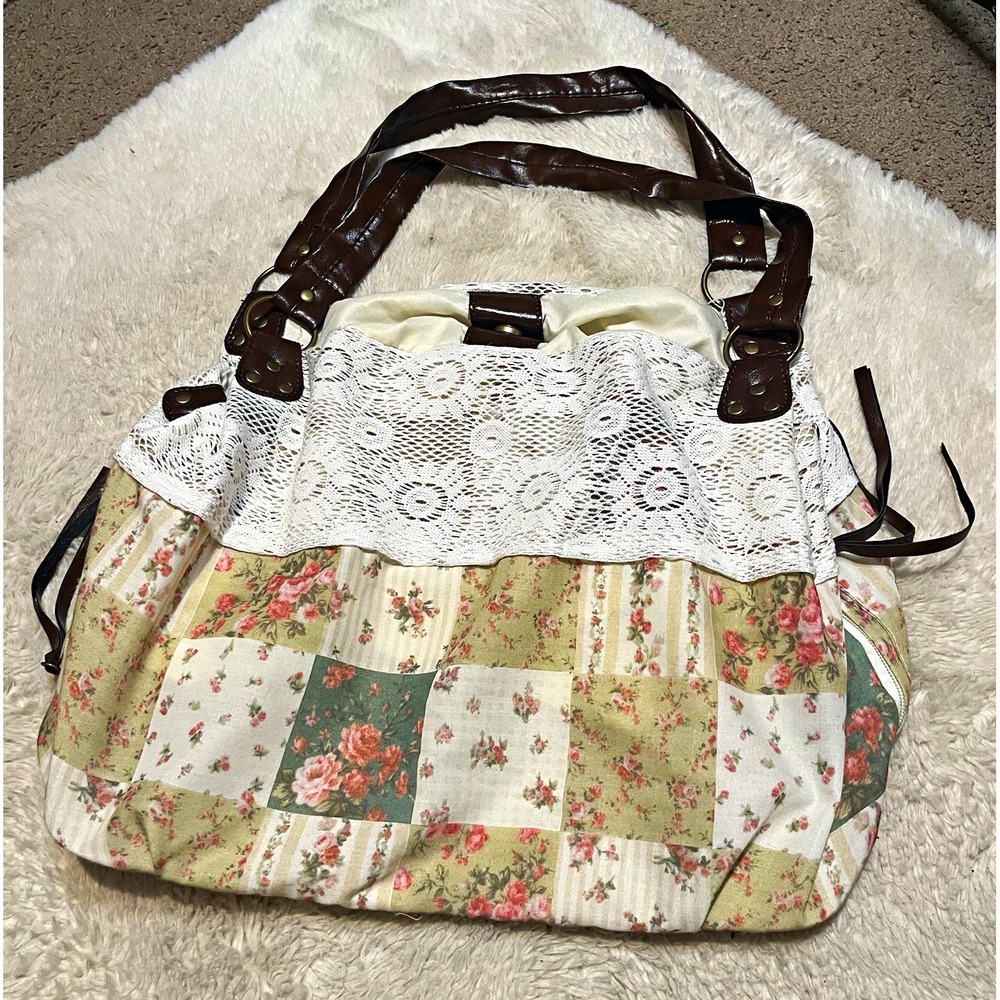 Vintage Floral Patchwork Shoulder Bag Lace Overlay Cottagecore Tote Purse Hobo